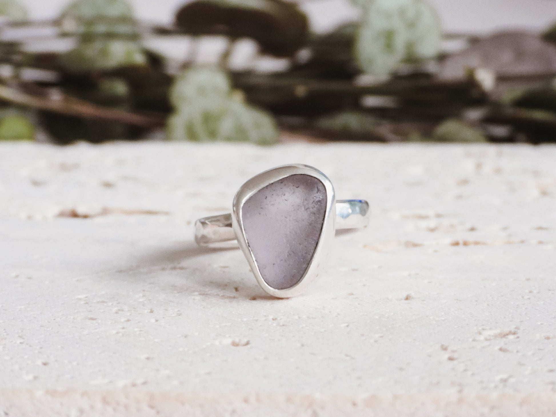 unique Cornish seaglass ring with lilac glass