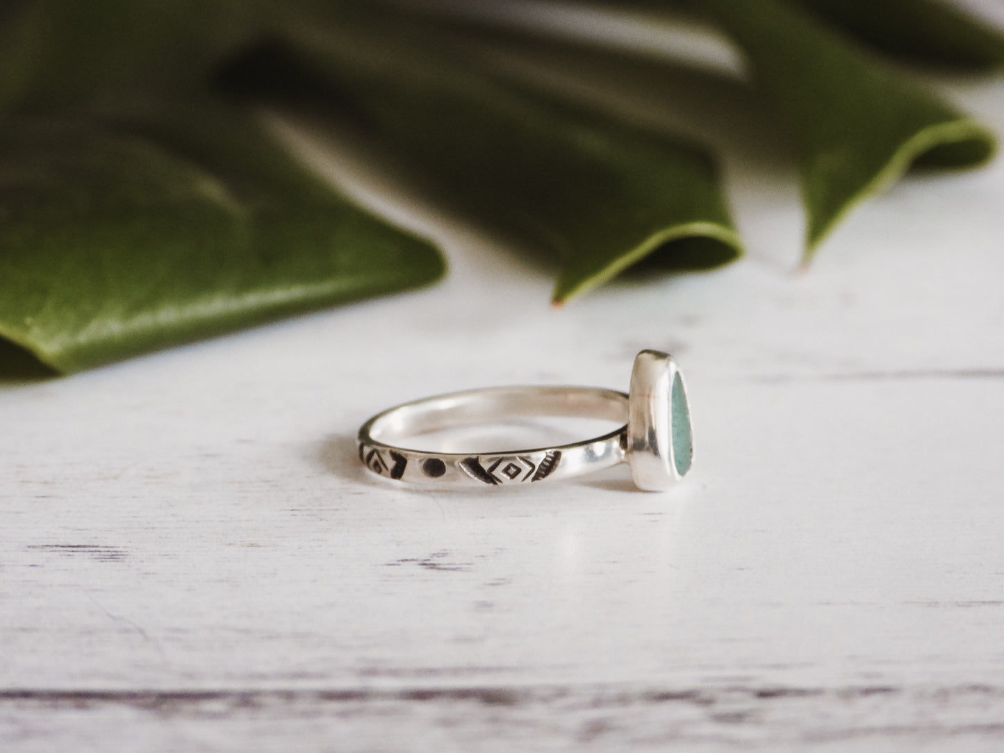 Aztec Stamped Seaglass Stacking Ring | Mounts Bay, Penzance