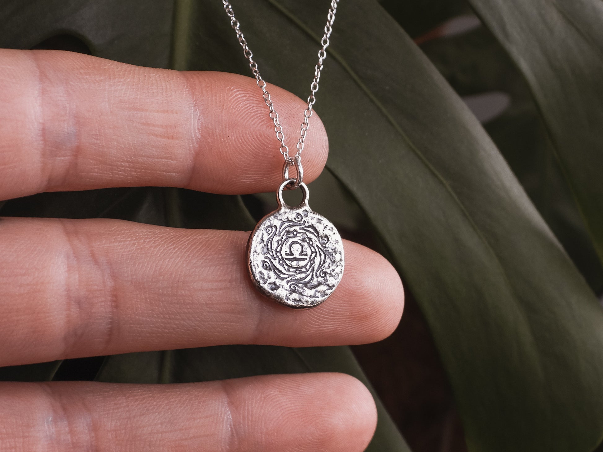 recycled sterling silver boho style medallion pendant with libra symbol