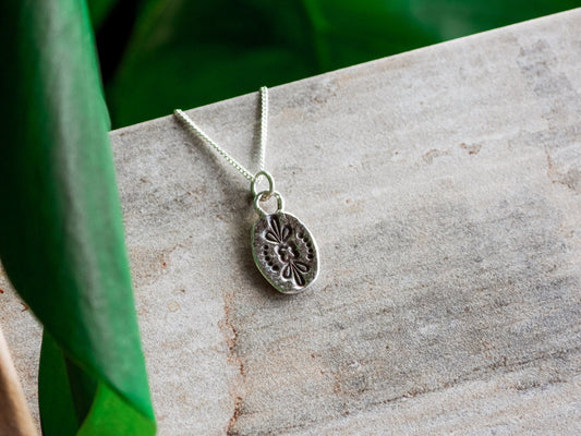 Recycled Sterling Silver Medallion Necklace Bohemian Pendant Boho Flower Stamped Mandala Rustic Unique Gypsy Handmade Eco Friendly Gift Idea