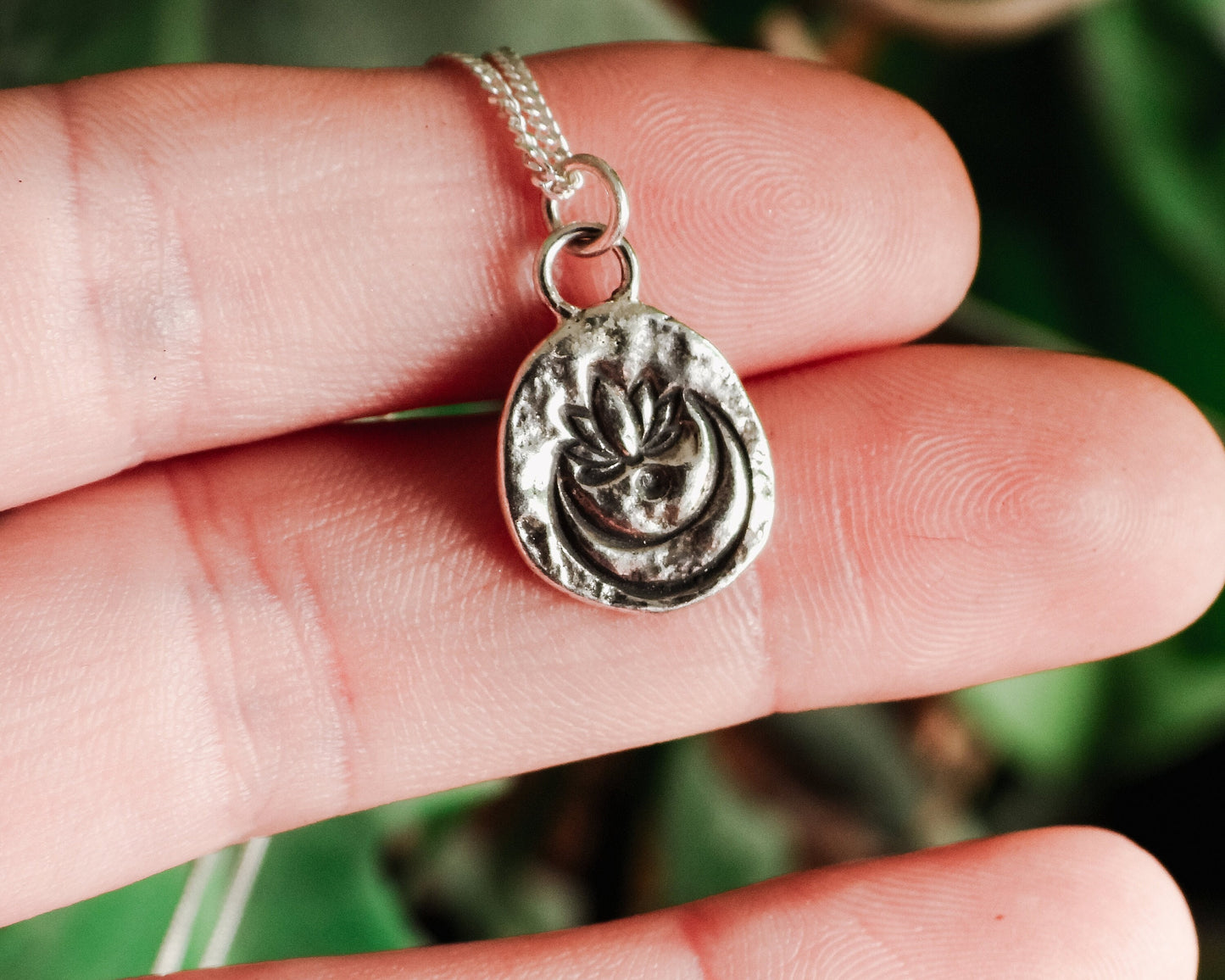 Bohemian Lotus Moon Silver Charm Necklace