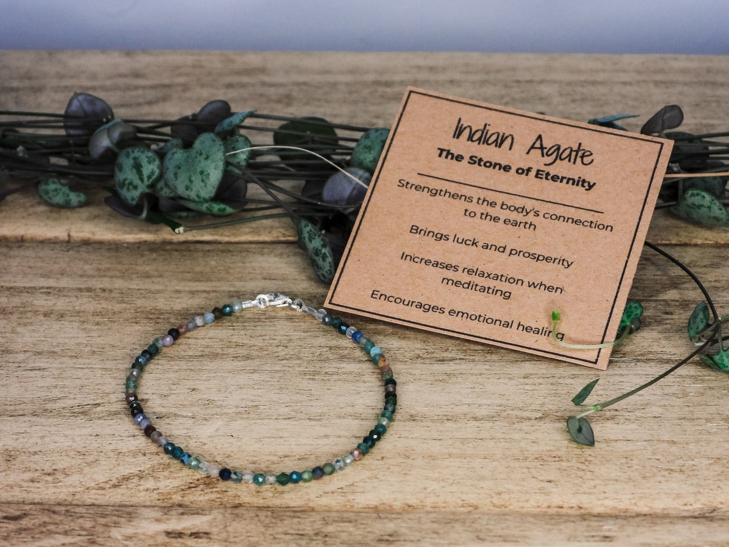 minimalist green indian agate gemstone bracelet with healing properties card